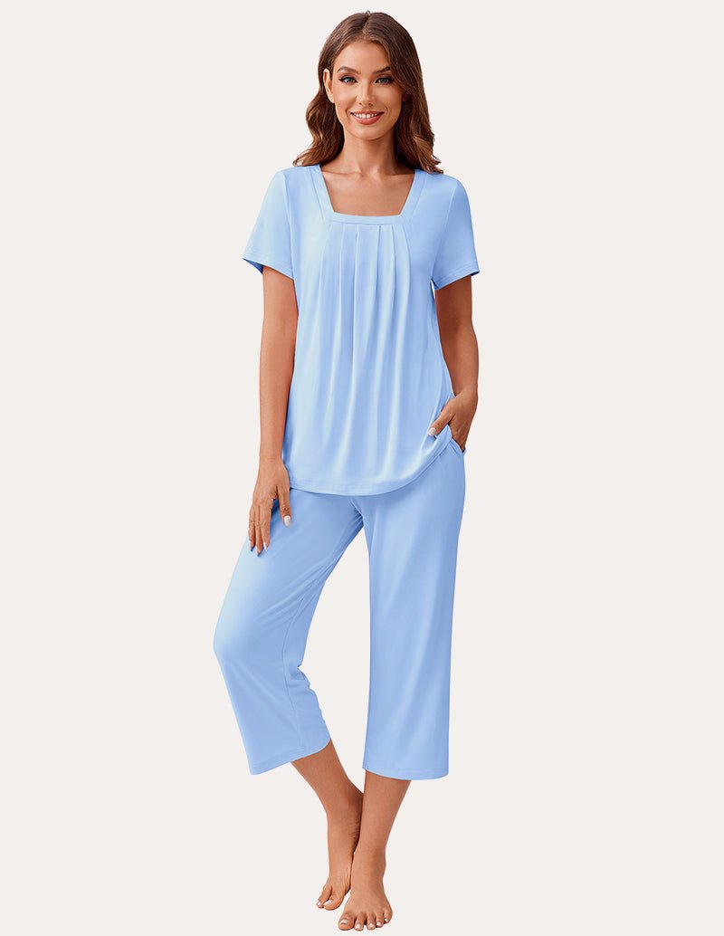 Light blue square-neck pajama set with short sleeves and cropped capris