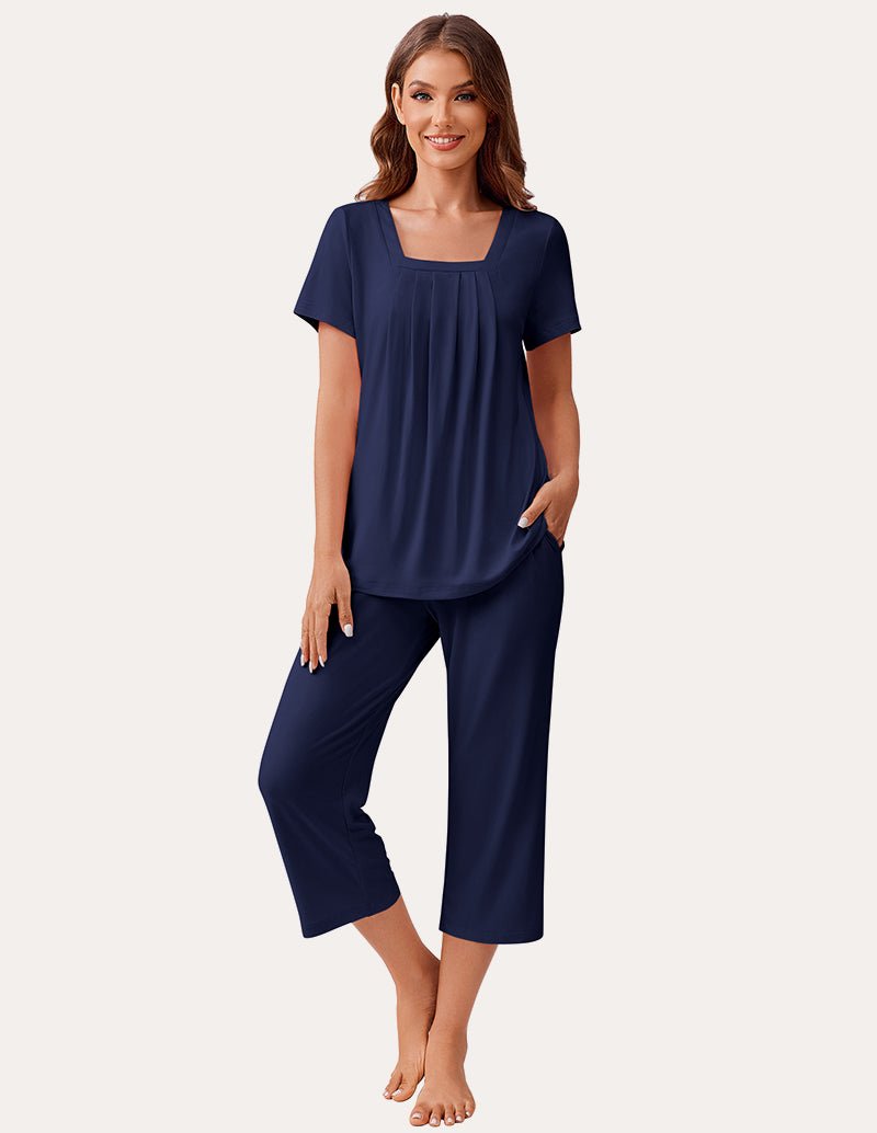Soft square-neck pajama set in navy: short-sleeve top and cropped pants