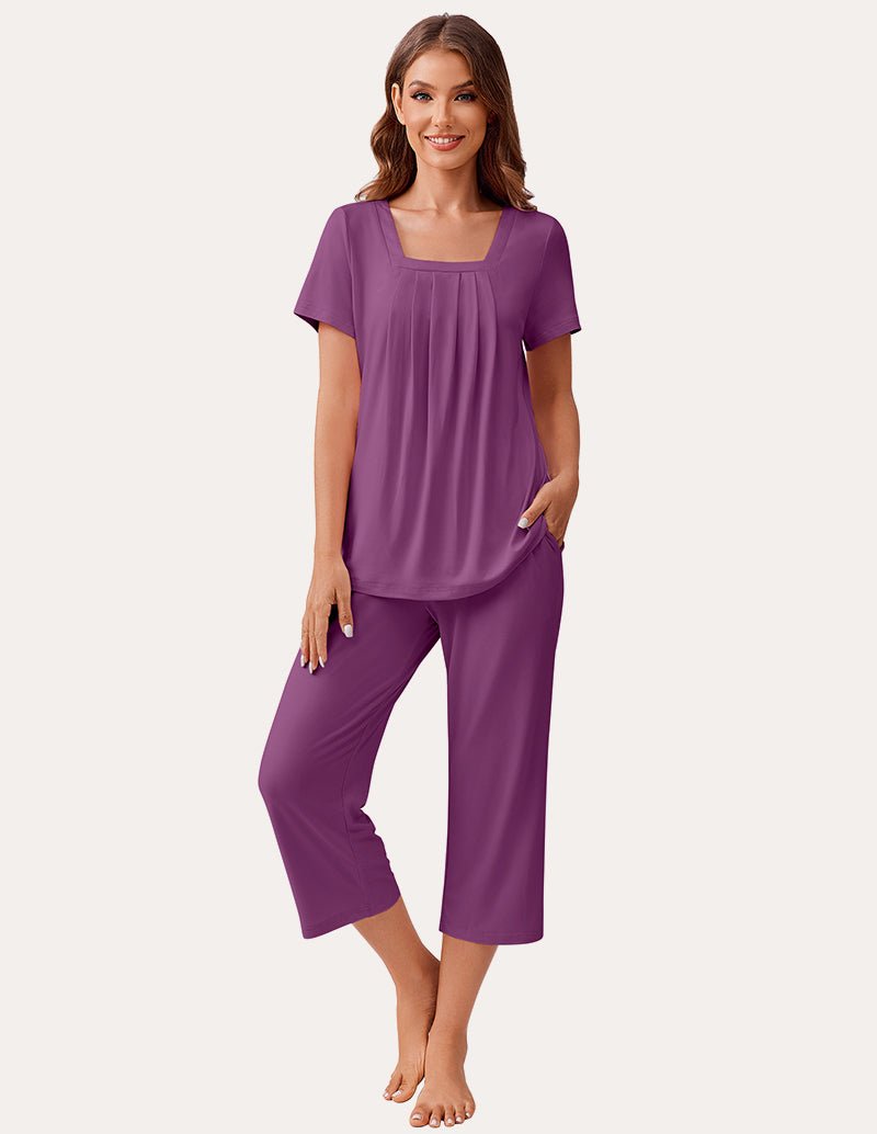Purple square-neck pajama set with short-sleeve top and cropped capris
