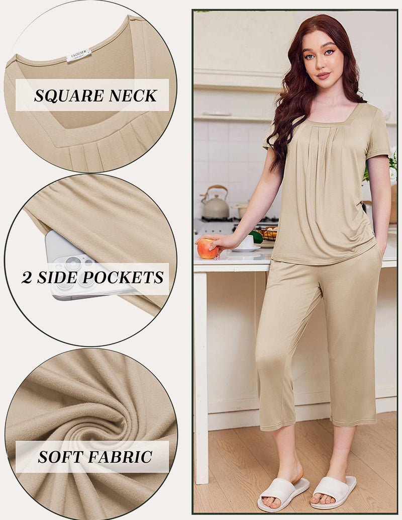 Square-neck pajama set in beige with side pockets and soft fabric, short sleeves