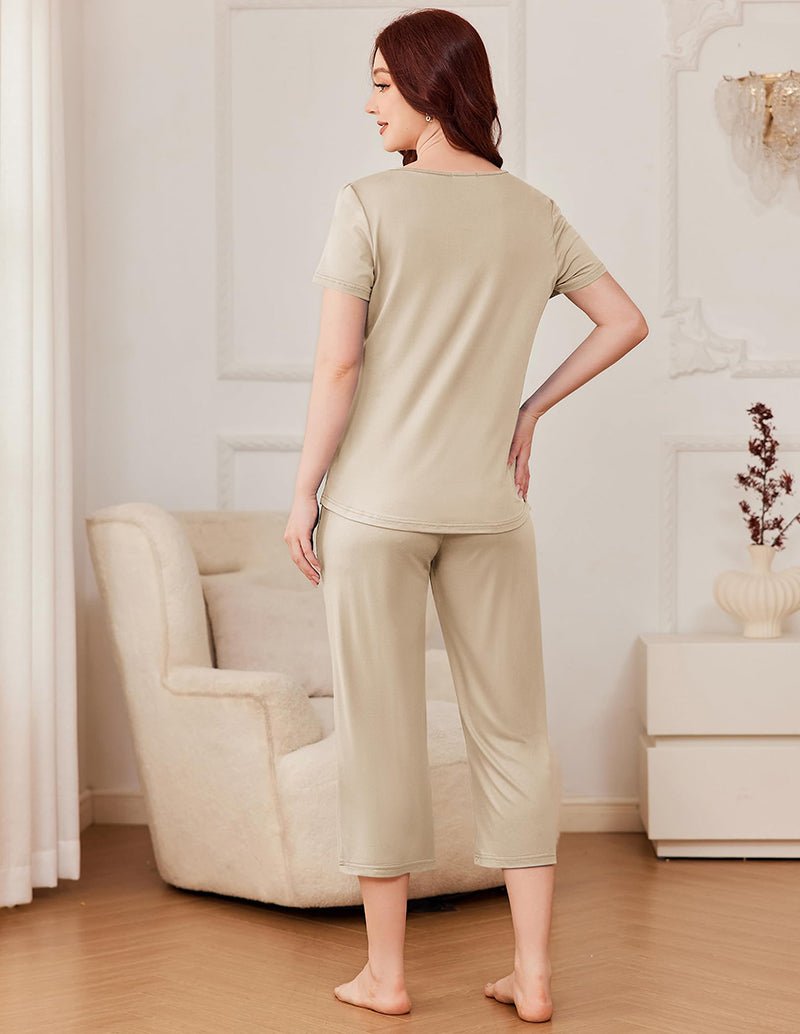 Soft square-neck pajama set in khaki beige, shown from back: short-sleeve top and pants