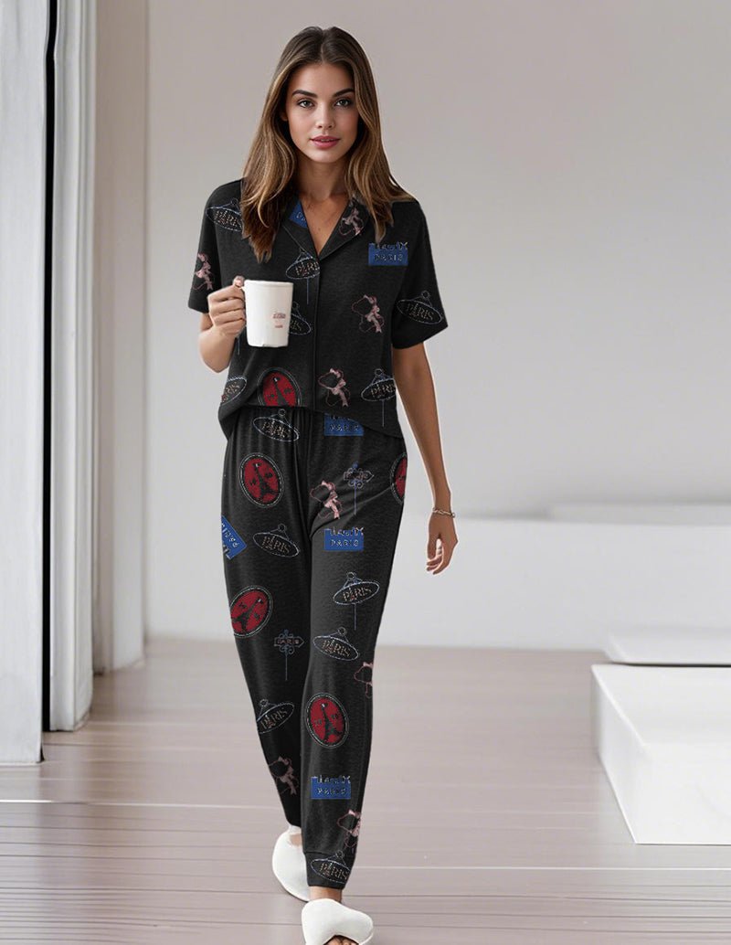 Black teddy bear print pajama set, short-sleeve button shirt and long pants