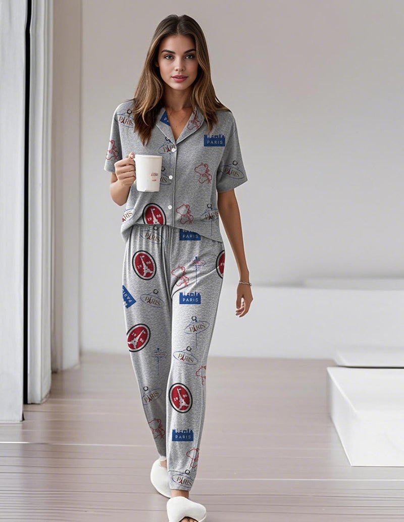 Gray teddy bear print pajama set, short-sleeve button shirt and long pants