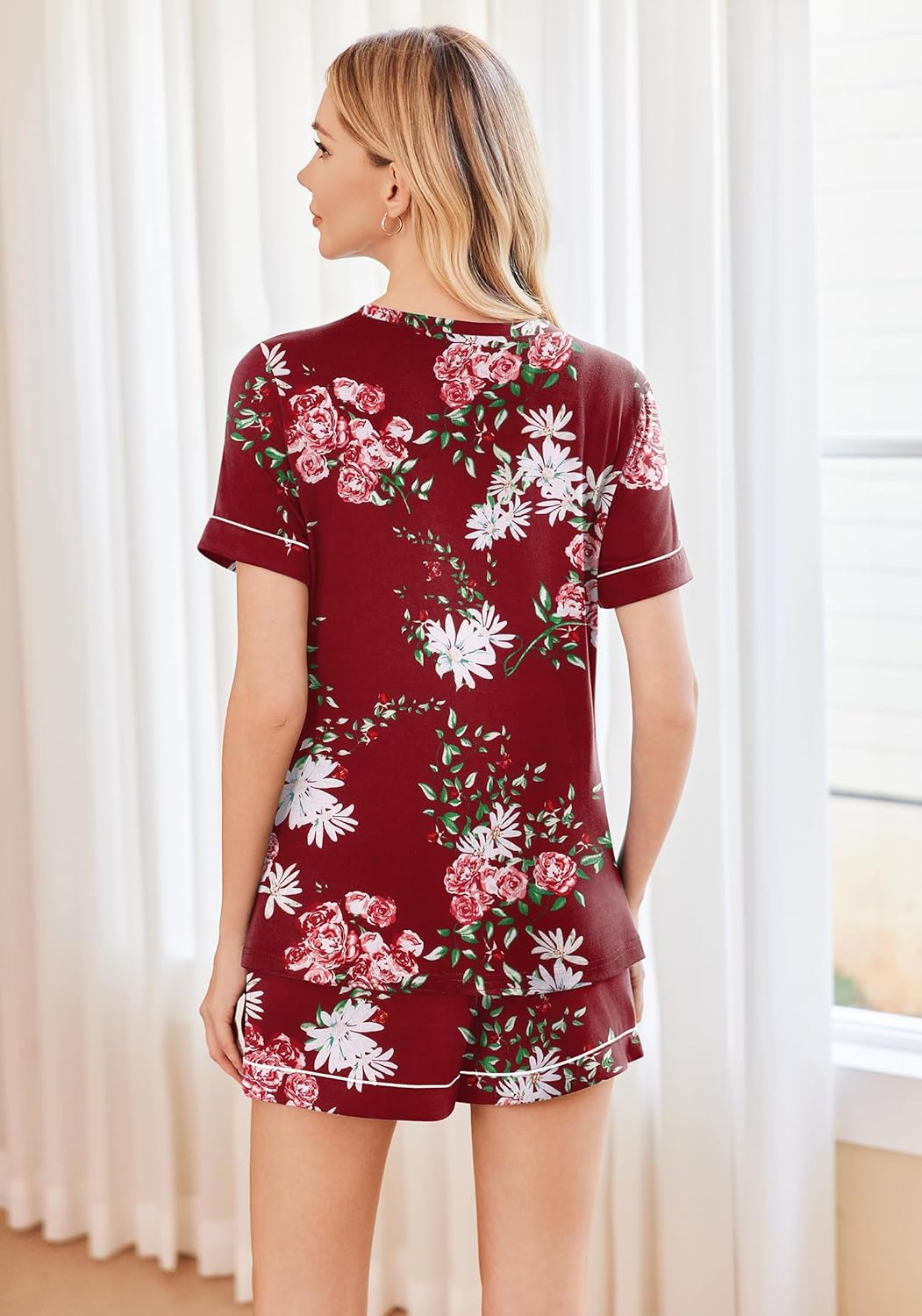 Burgundy floral v-neck lounge set, short sleeves and matching shorts (rear view)