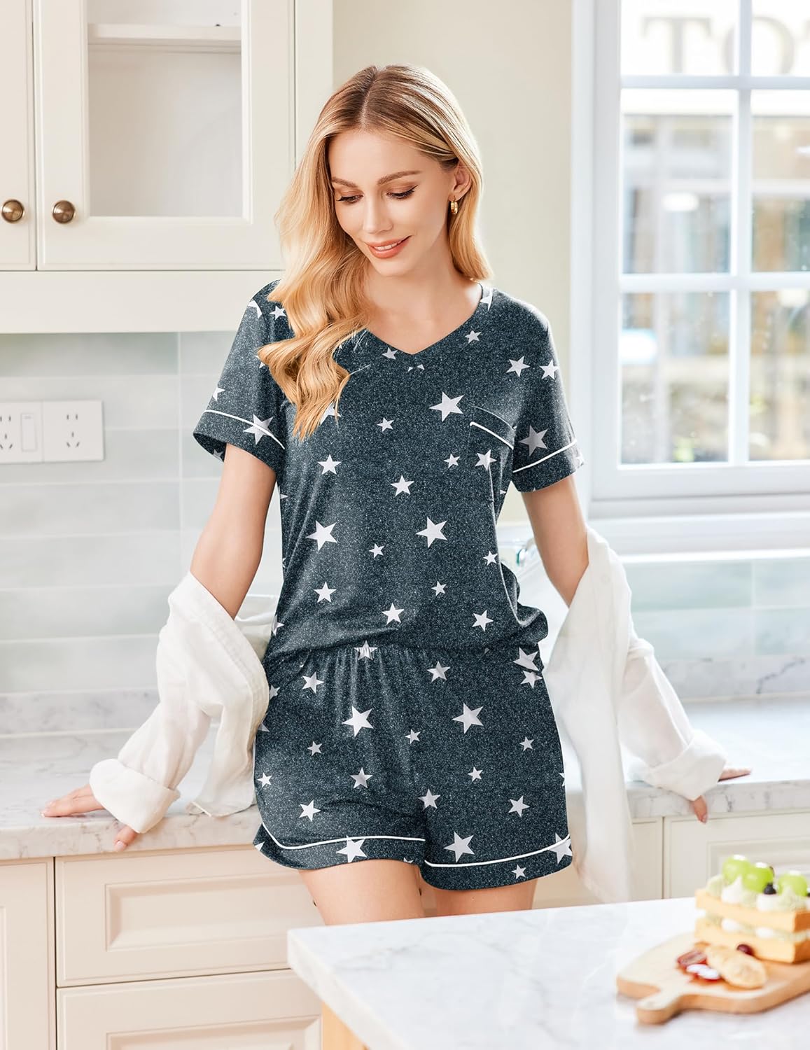 Dark gray star-print v-neck pajama set with short sleeves and matching shorts
