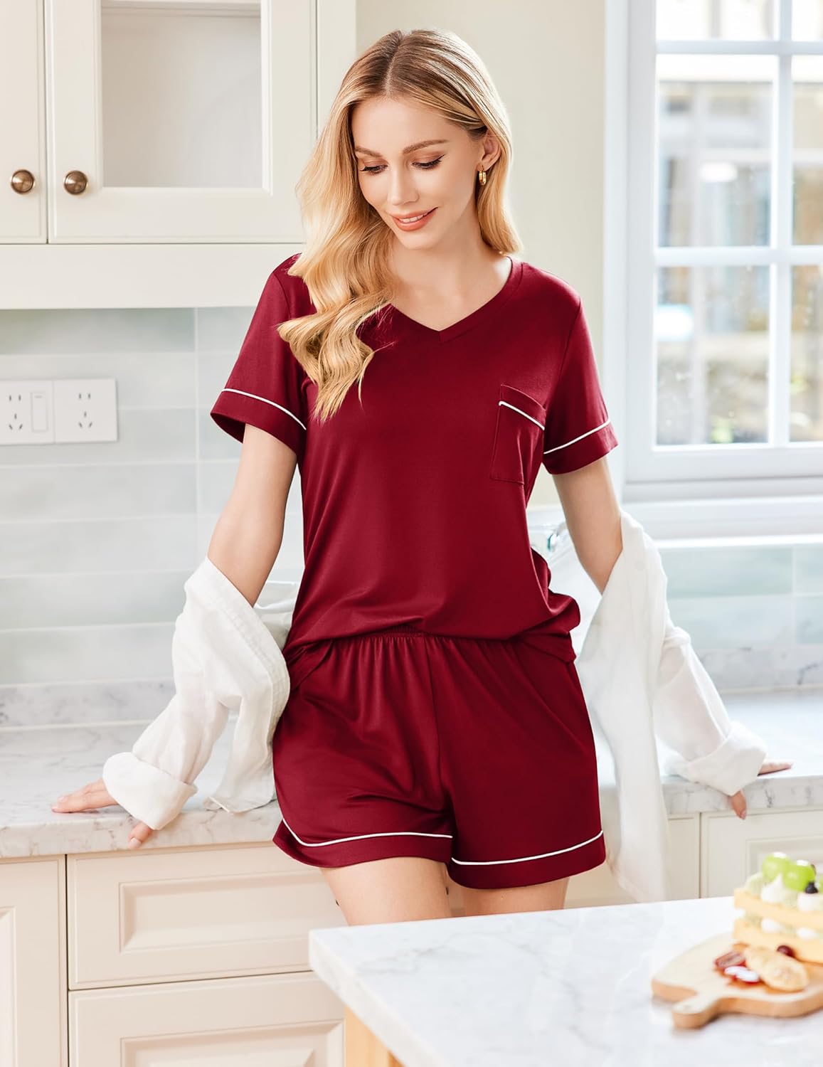 Wine red v-neck pajama set with short sleeves and matching shorts, pocket detail