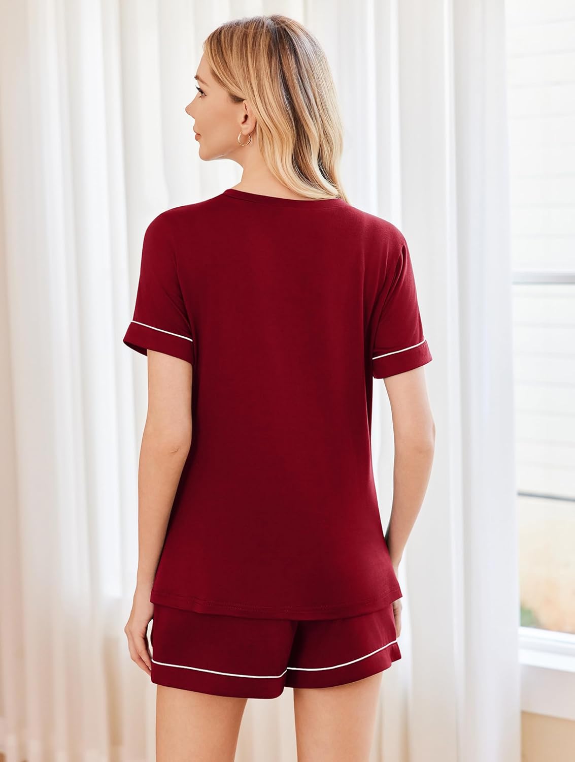 Wine red v-neck pajama set with short sleeves and matching shorts, back view
