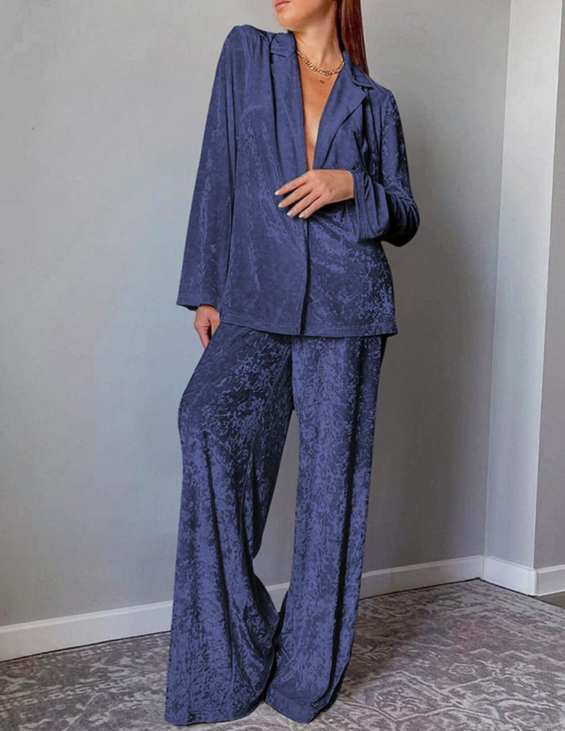 Blue velour loungewear set: open-front jacket and wide-leg pants