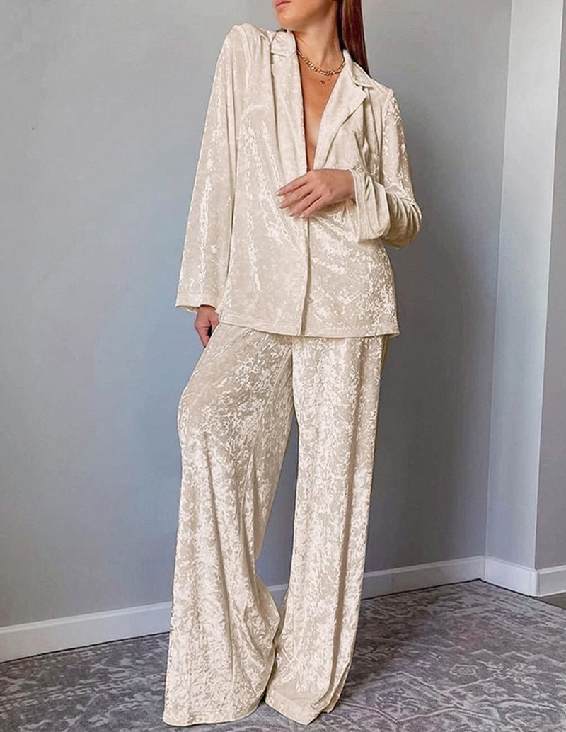 Champagne velour loungewear set: open-front jacket and wide-leg pants
