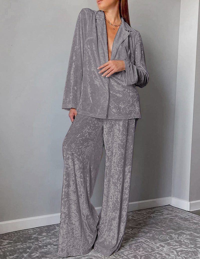 Gray velour loungewear set: open-front jacket and wide-leg pants