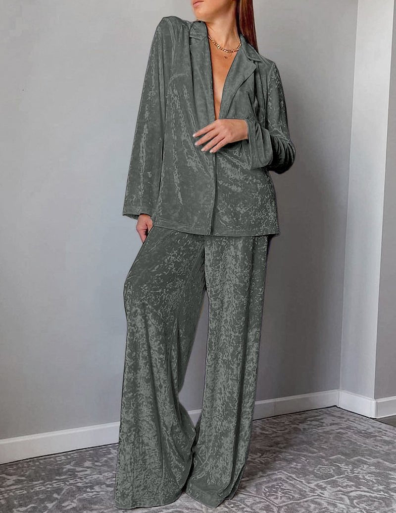 Green velour loungewear set: open-front jacket and wide-leg pants