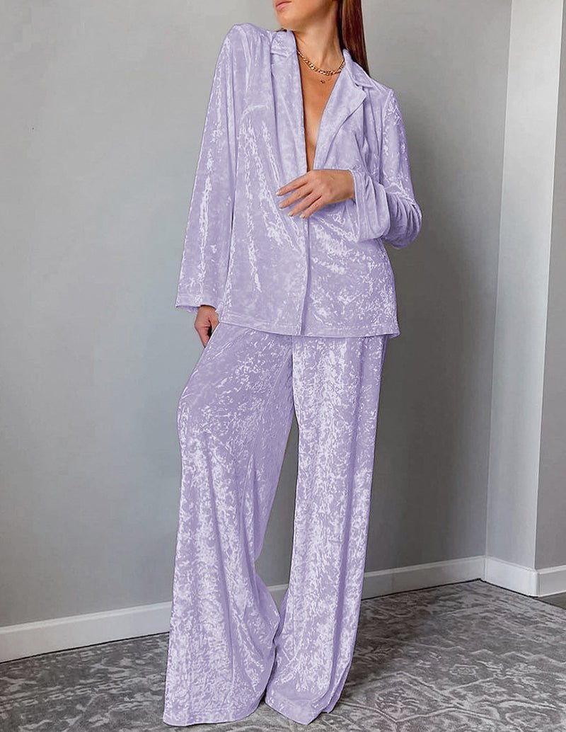 Purple velour loungewear set: open-front jacket and wide-leg pants
