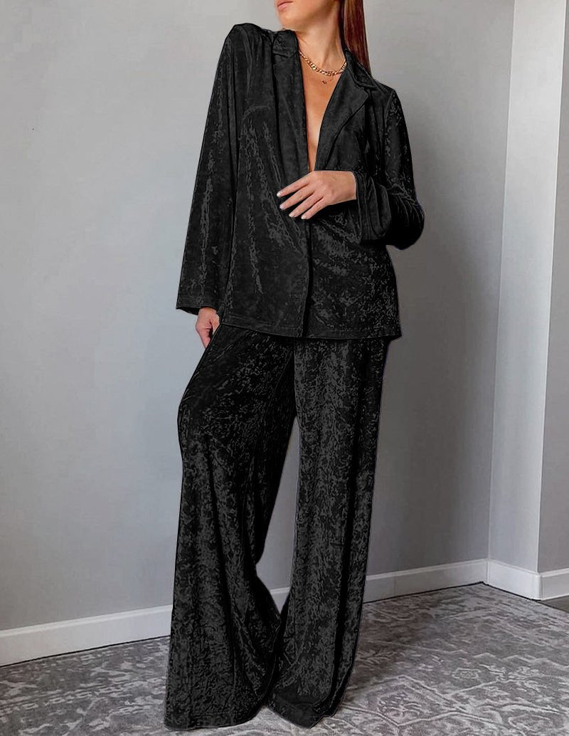 Black velour loungewear set: open-front jacket and wide-leg pants