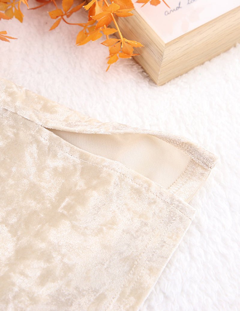 Champagne velour pajama-style pants with soft drawstring or waistband seam
