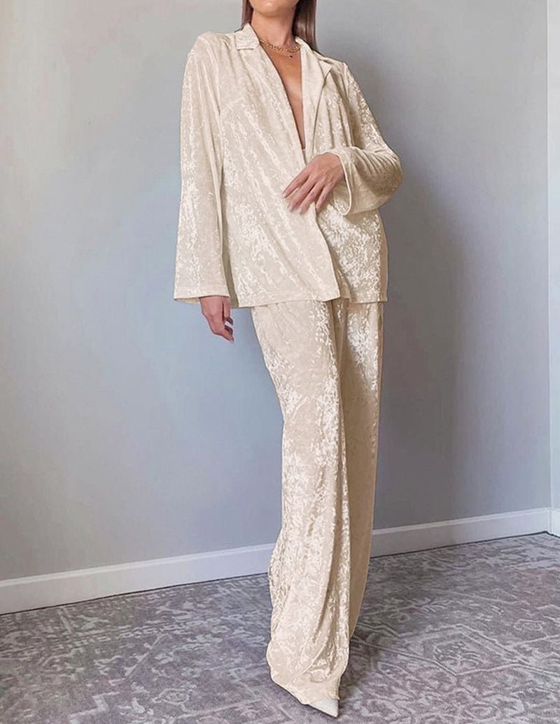 Champagne velour loungewear set with open-front jacket and wide-leg pants