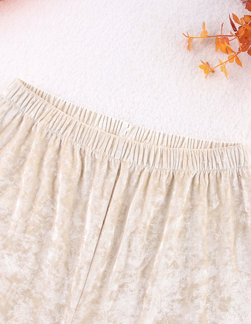 Champagne velour lounge pants with elastic waistband and gathered top edge