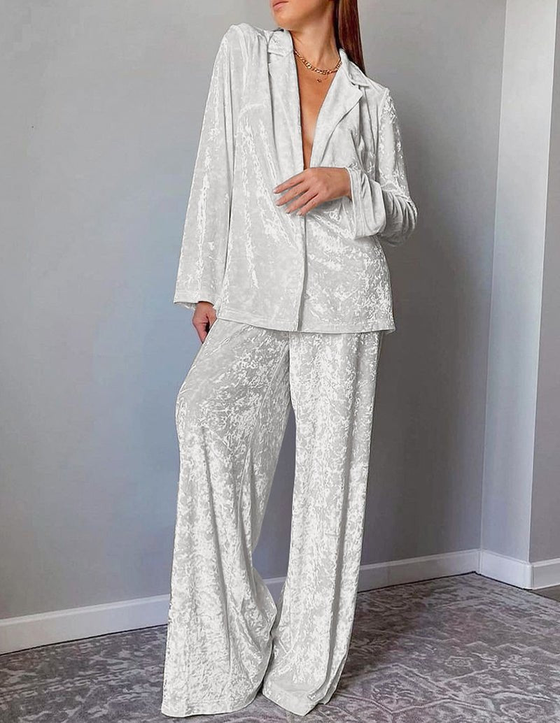 White velour loungewear set: open-front jacket and wide-leg pants