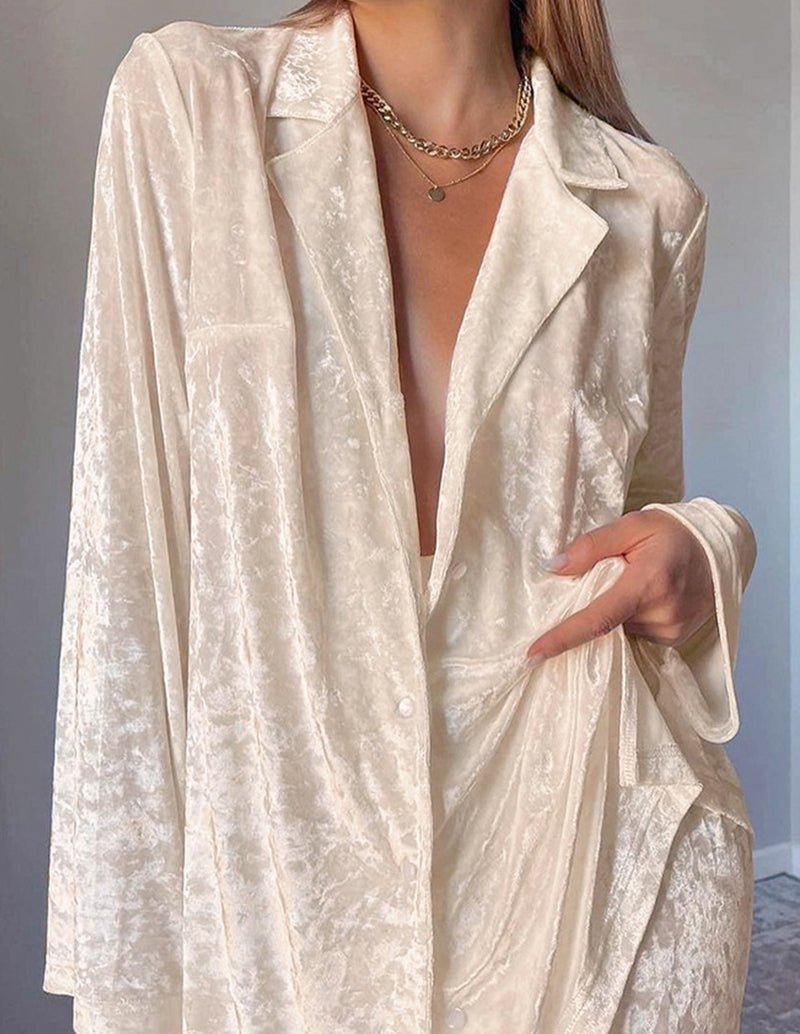 Champagne velour jacket from a 2-piece loungewear set, deep V neckline