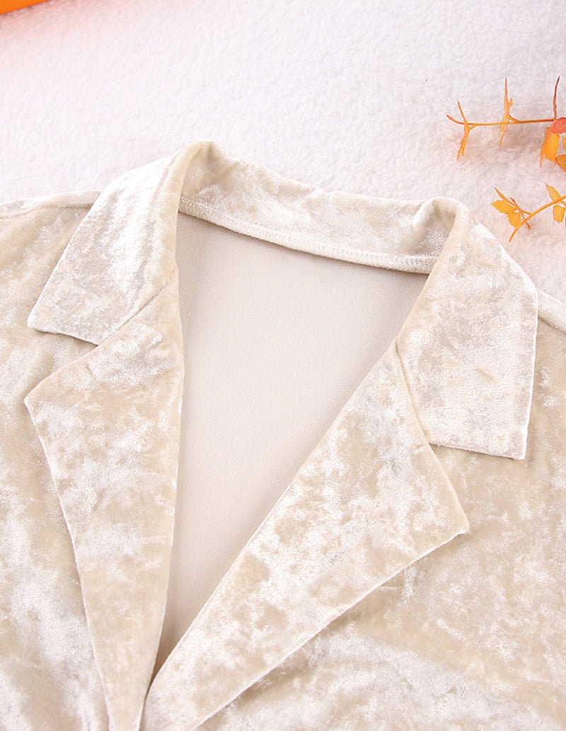 Champagne velour lounge shirt with open collar and V neckline detail