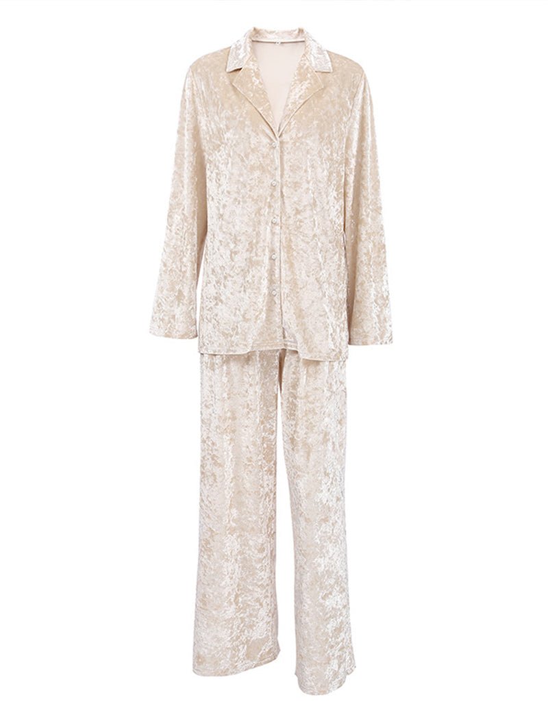 Champagne velour loungewear set: button-front shirt with collar and straight-leg pants