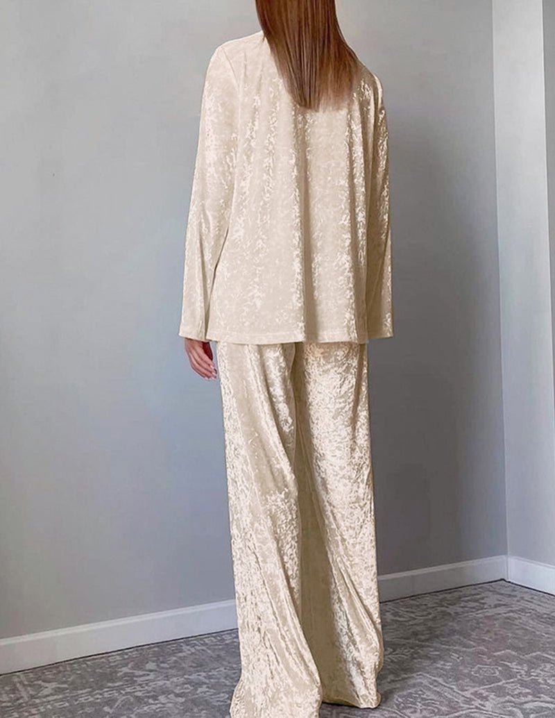 Champagne velour loungewear set, back view: long jacket and wide-leg pants