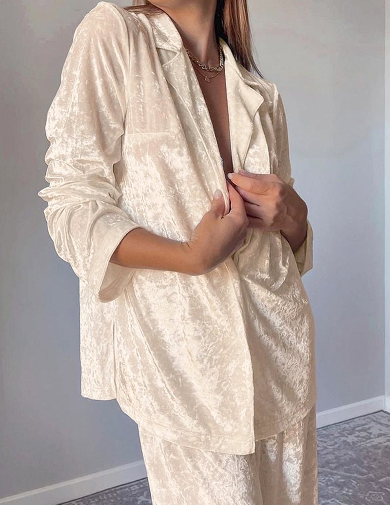Champagne soft velour 2-piece loungewear set with button-front top and matching pants