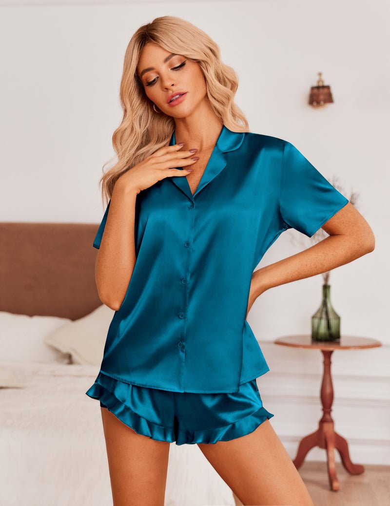 Blue-green satin short-sleeve pajama top with button front and ruffled shorts
