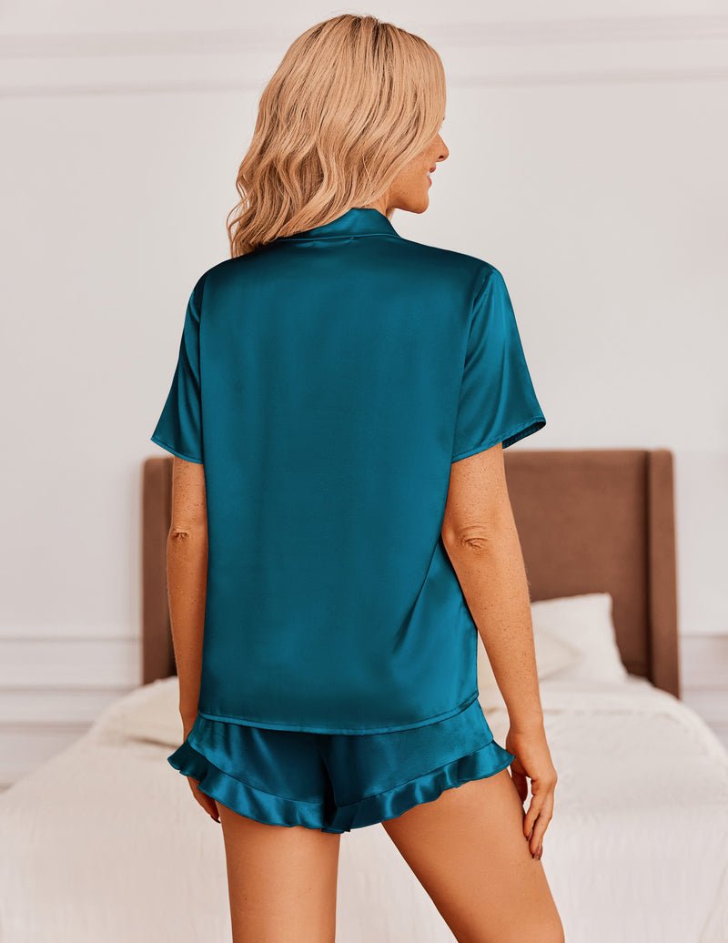 Blue-green satin pajama shorts set, view from back, with ruffled hem edges