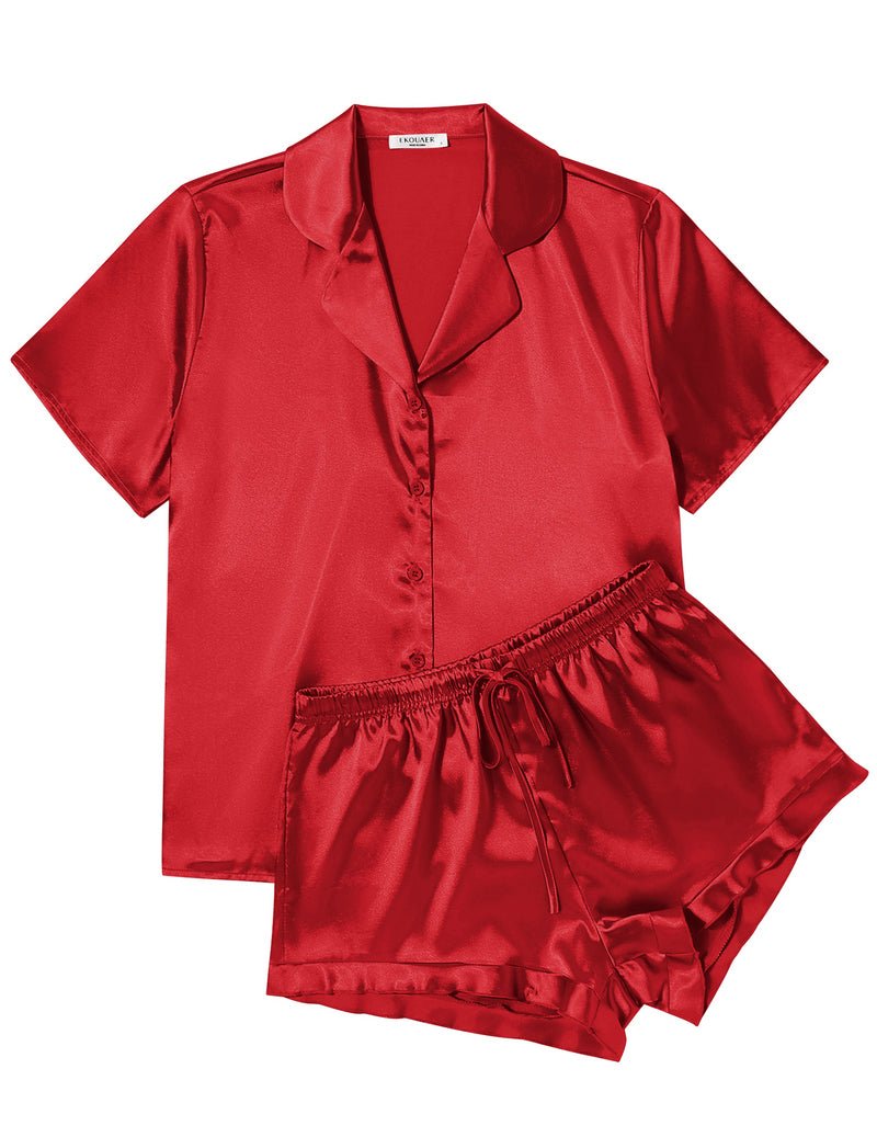 Red satin pajama set flat lay: button top with tie detail and ruffled drawstring shorts