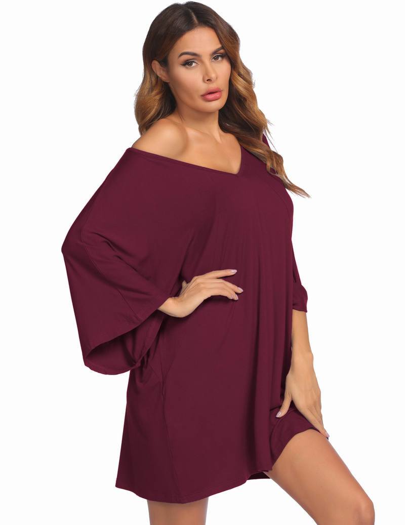 Burgundy wide V-neck batwing nightshirt dress, loose tunic fit