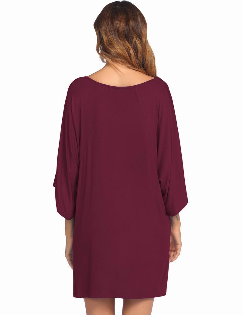 Burgundy batwing nightshirt dress back view, loose tunic length