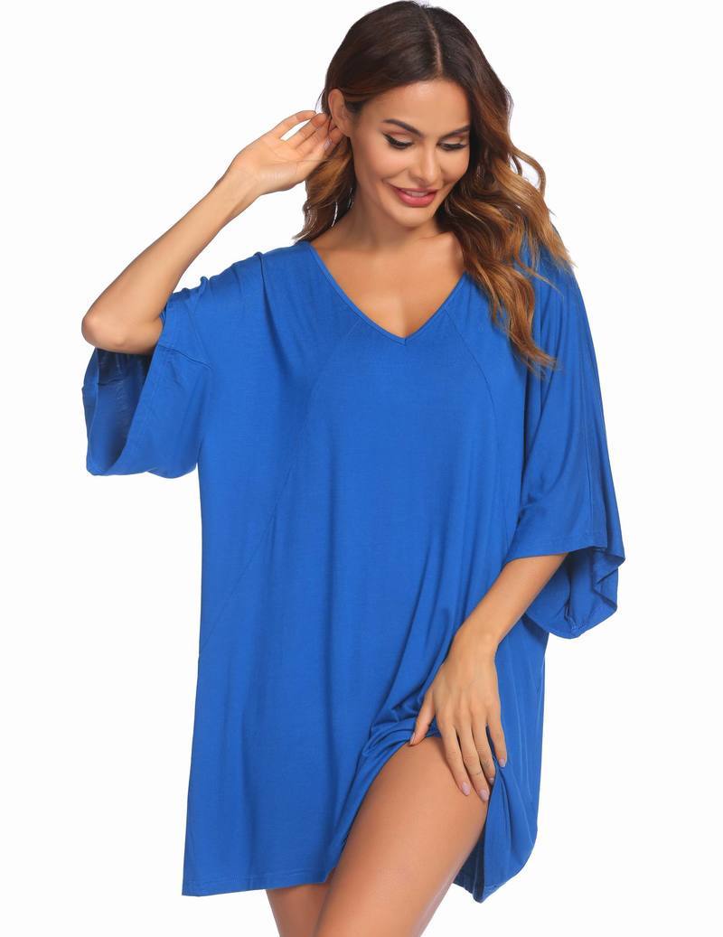 Blue V-neck batwing nightshirt dress, loose oversize tunic