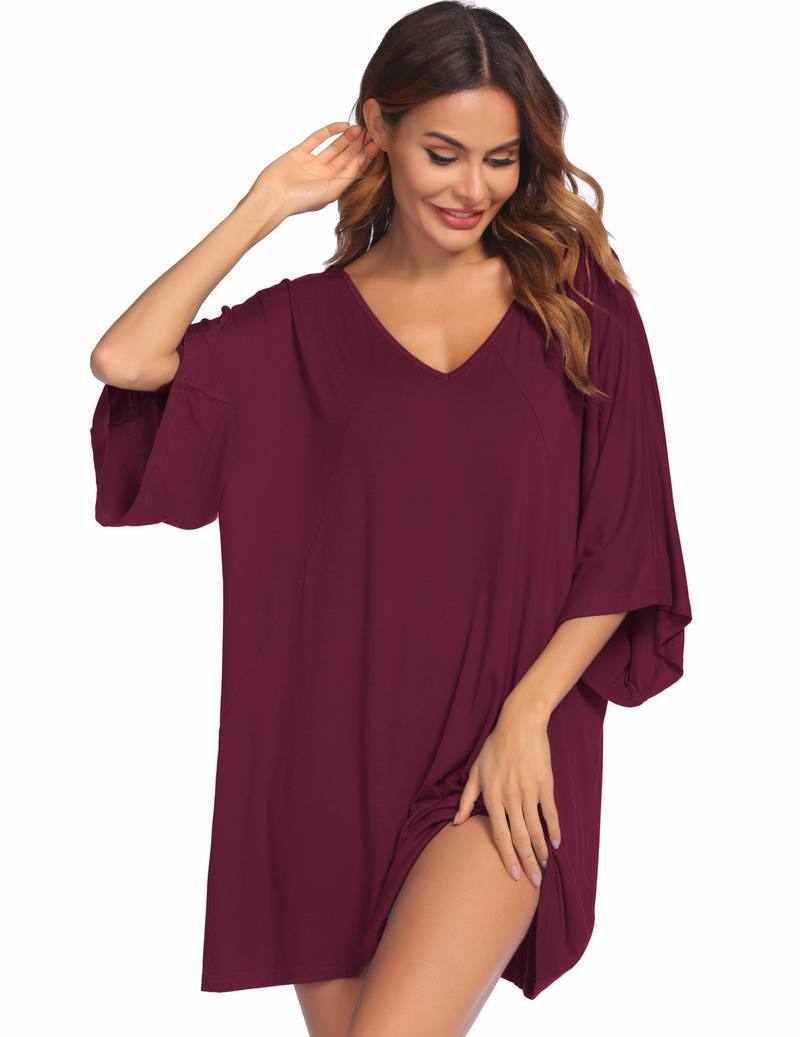Wine red V-neck batwing nightshirt dress, relaxed fit tunic