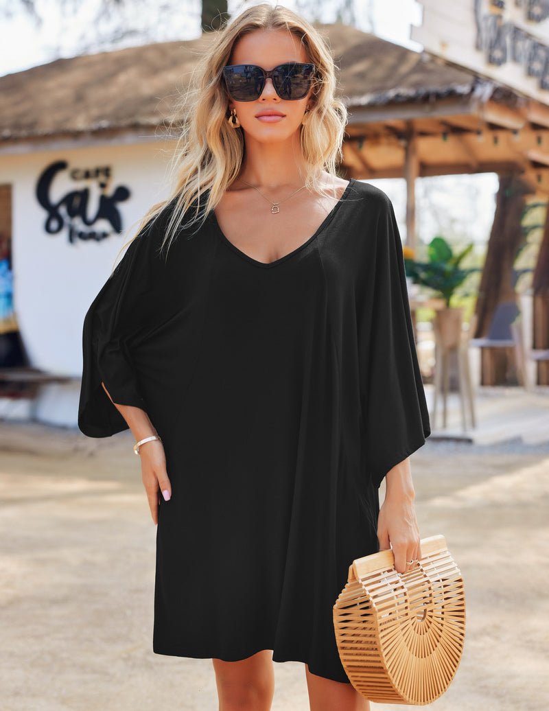 Black solid deep V-neck batwing nightshirt dress, loose tunic length