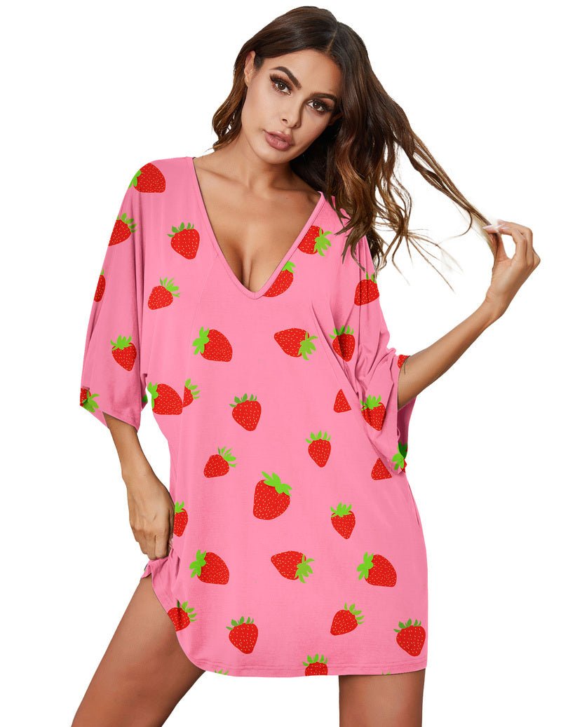 Pink strawberry print deep V-neck batwing nightshirt dress, relaxed tunic