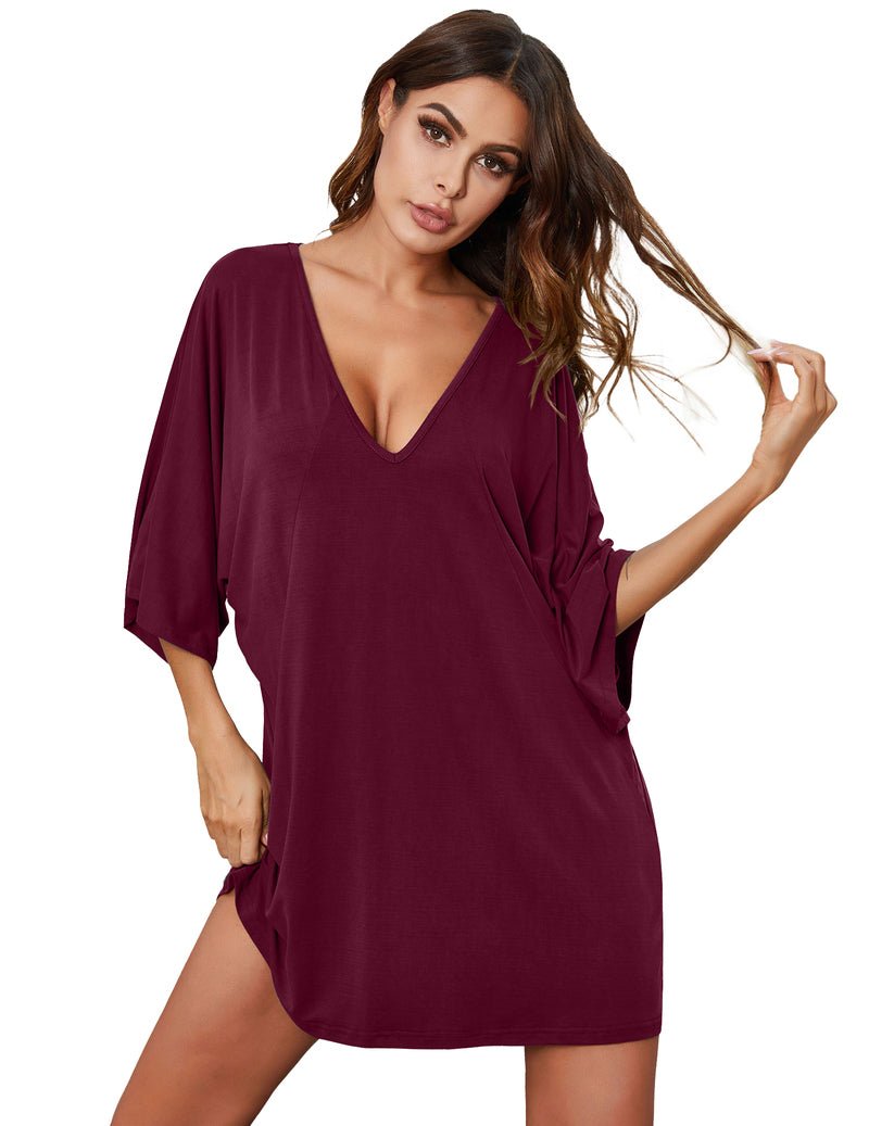 Weinrotes Nachthemdkleid mit tiefem V-Ausschnitt und Fledermausärmeln