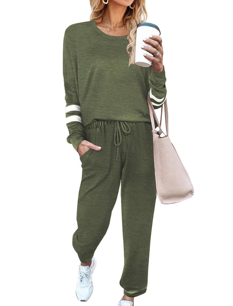 Olive green 2-piece pajama set, long sleeve top with striped cuffs and jogger pants
