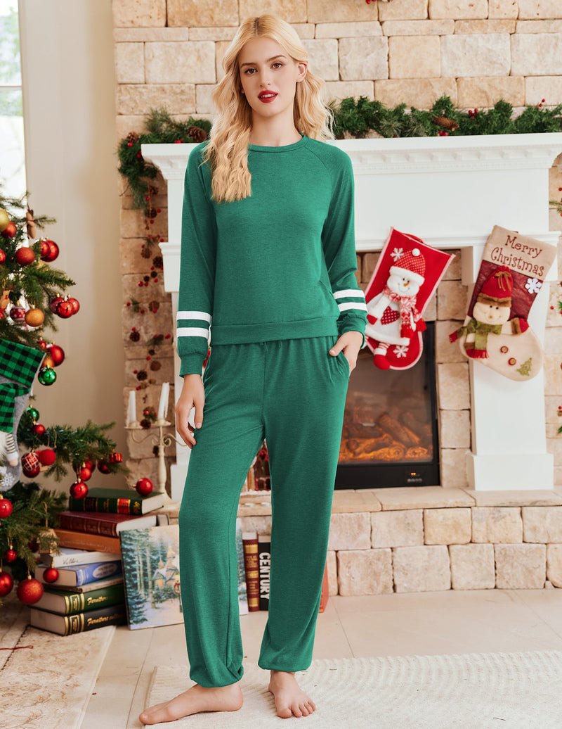 Dark green 2-piece pajama set, long sleeve top and matching lounge pants