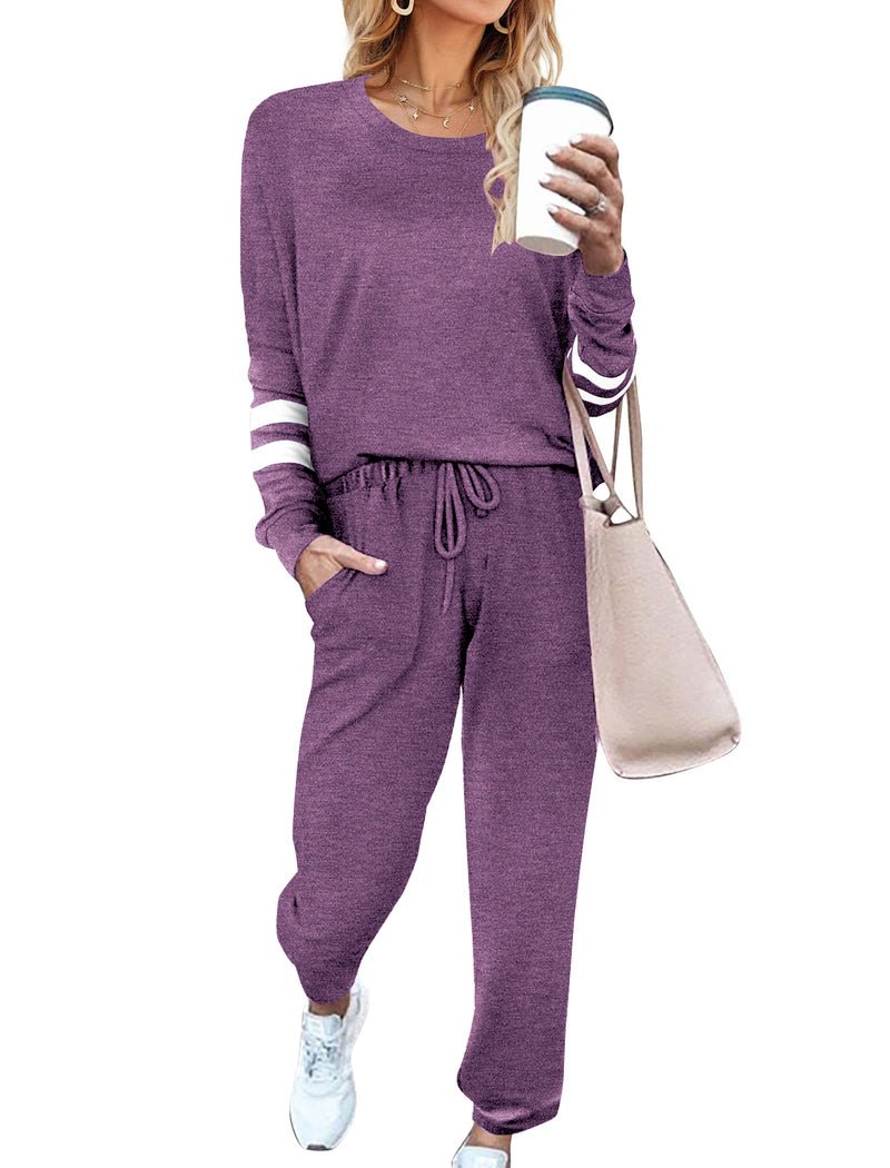 Loungewear-Set mit Rundhalsausschnitt, langen Ärmeln und Jogginghose mit Taschen, lila