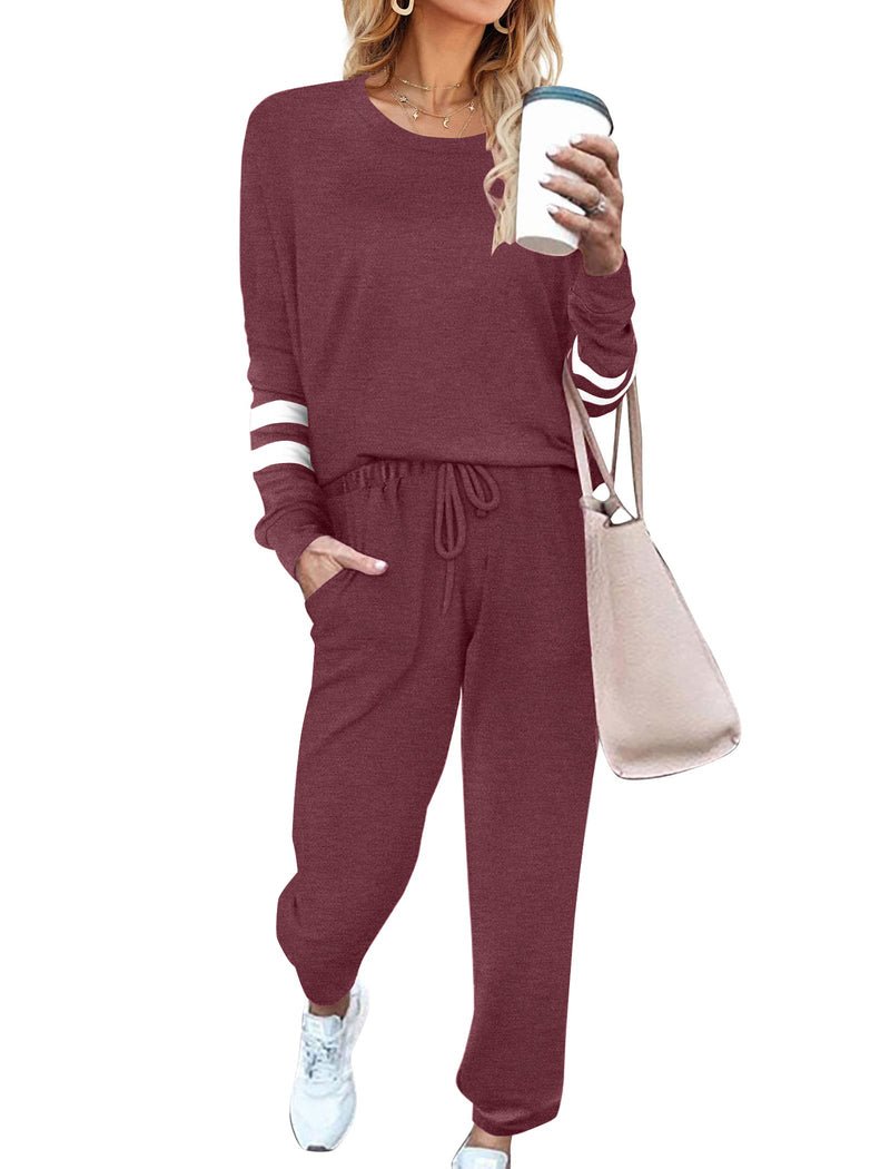 Loungewear-Set mit Rundhalsausschnitt, langen Ärmeln und Jogginghose mit Taschen, weinrot