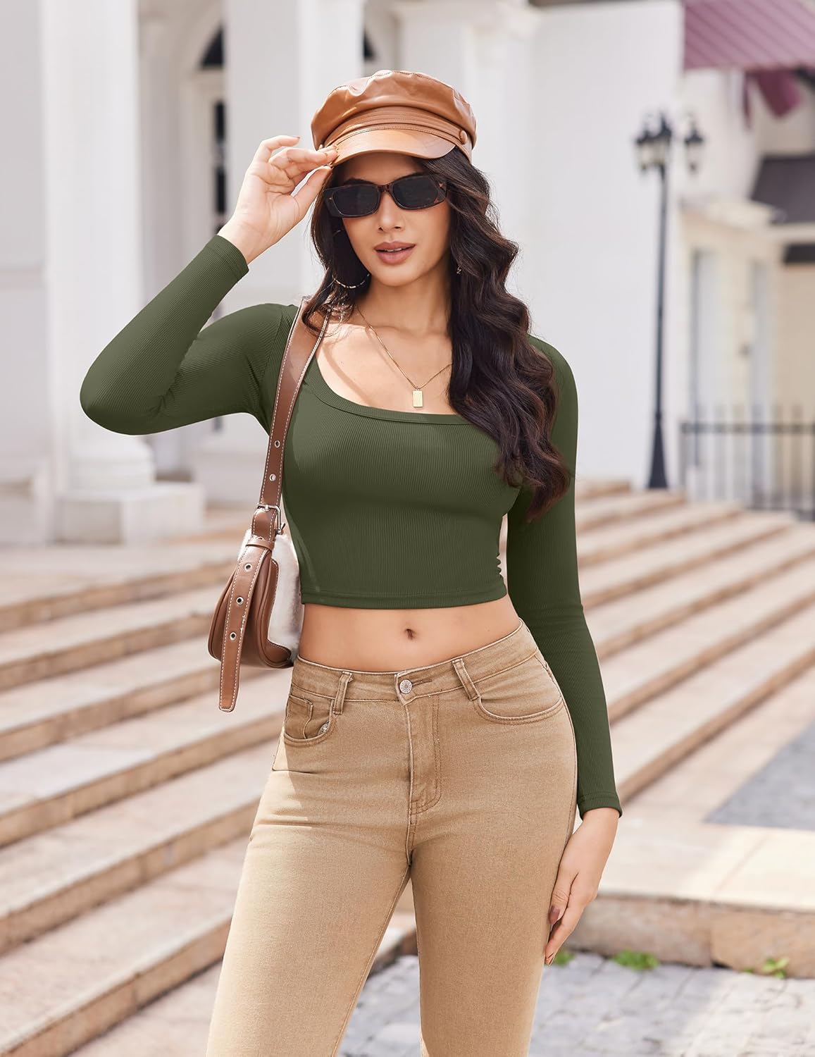Ribbed deep green square-neck crop top, slim fitted with long sleeves