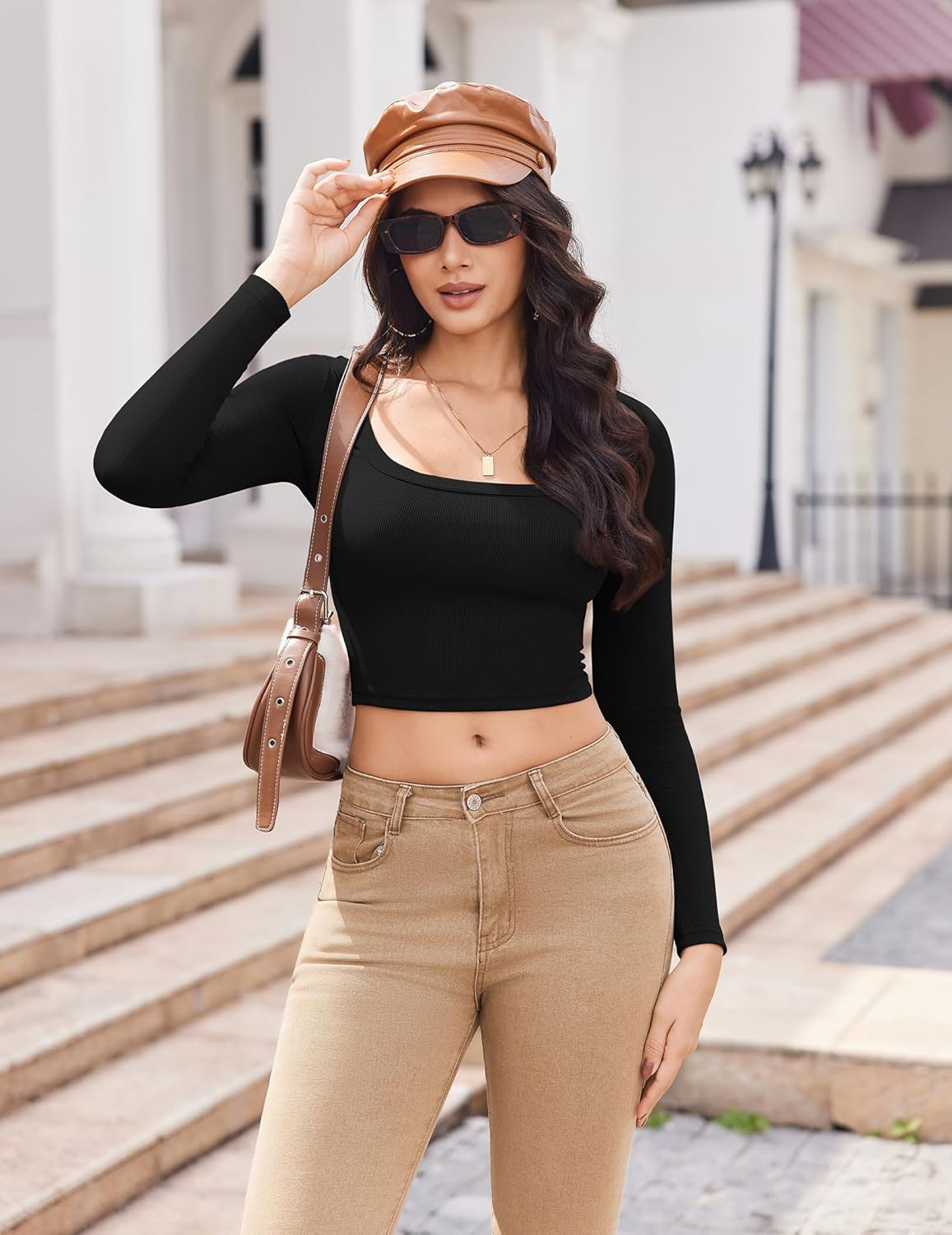 Square-neck ribbed crop top, slim fit, black, long sleeves