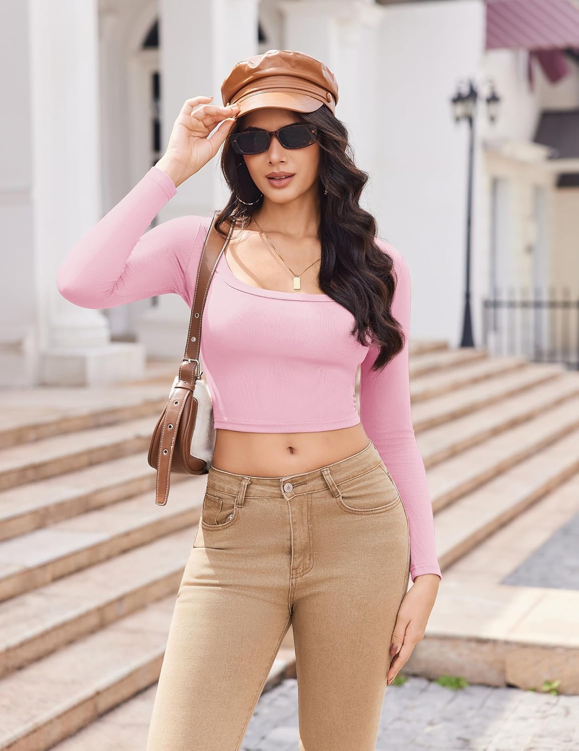 Rosa ribbed square-neck long-sleeve crop top, fitted Y2K style