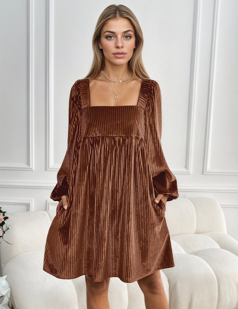 Brown square-neck pleated A-line dress with long puff sleeves and ruffle hem