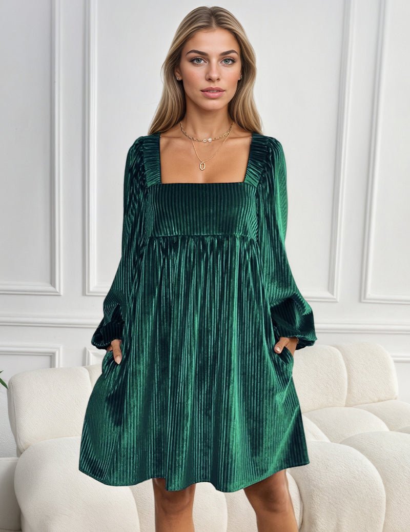 Dark green square-neck pleated A-line dress with long puff sleeves and ruffle hem