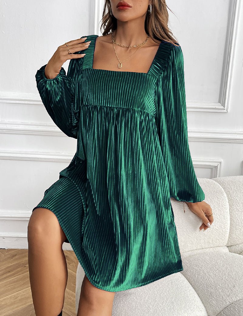 Dark green square-neck pleated A-line dress with long sleeves and flowy skirt