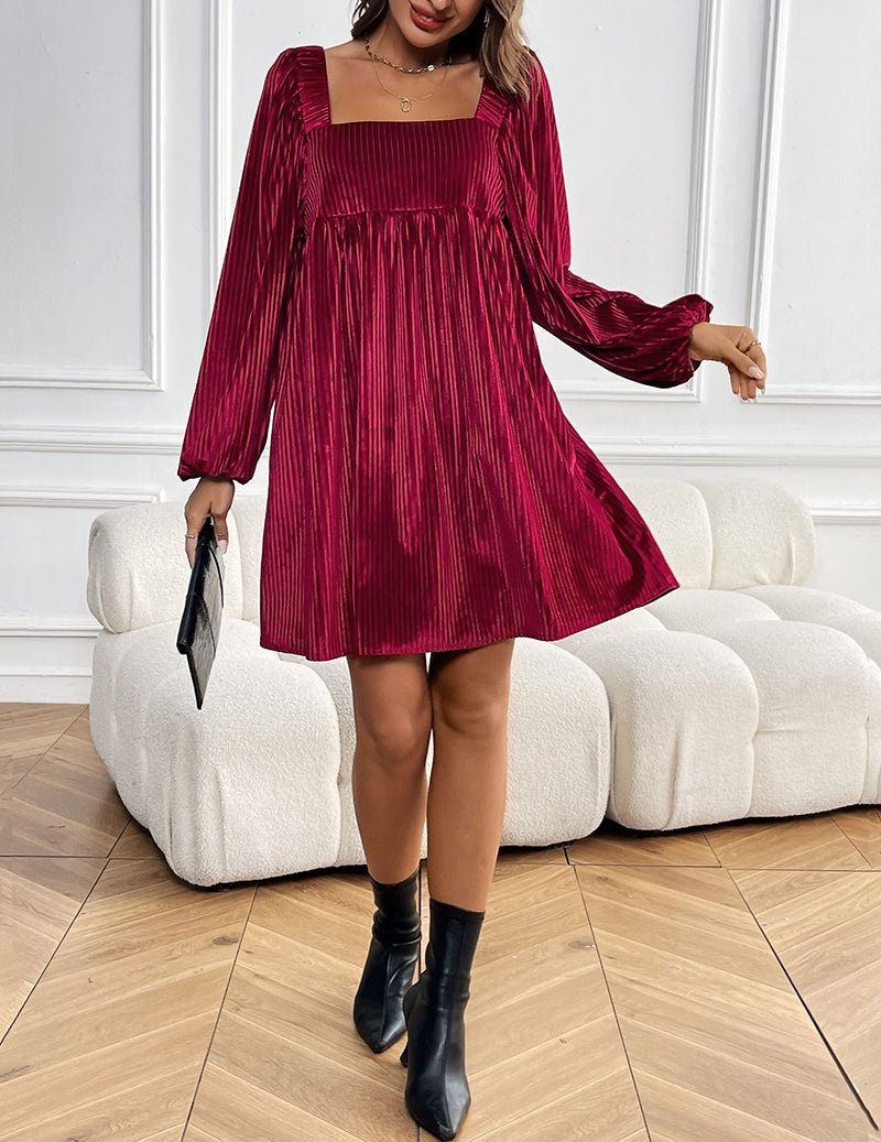 Wine red square-neck pleated A-line dress with long sleeves and flowy skirt