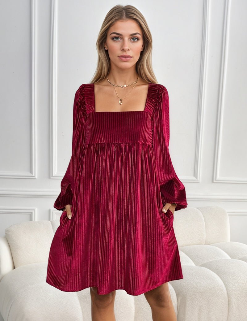 Wine red square-neck pleated A-line dress with long puff sleeves and ruffle hem