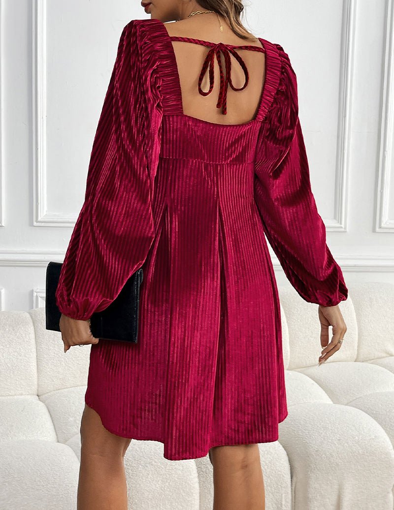 Wine red long-sleeve A-line dress with square back and bow tie strap detail