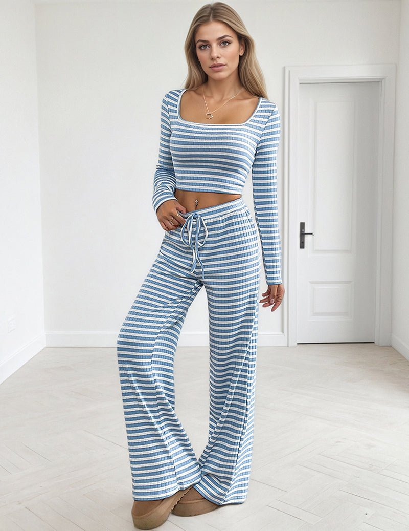 Light blue striped lounge set: long-sleeve crop top & wide-leg pants with drawstring